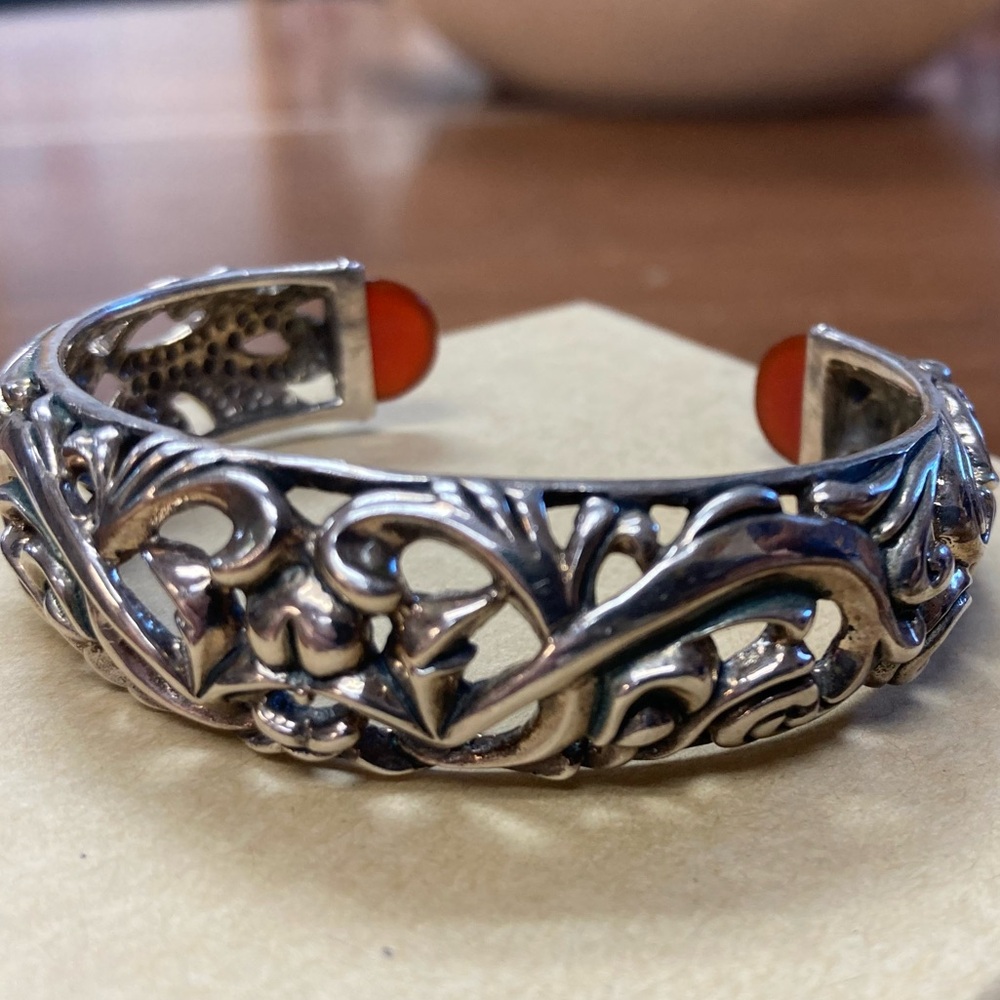 Barse Swirly Floral Sterling Silver Carnelian End Caps Women's Cuff Bracelet